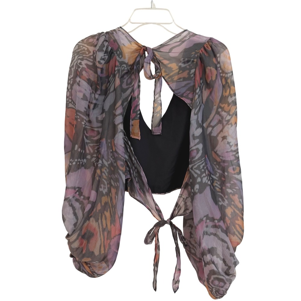 Hutch Hart Butterfly Print Open Back Crop Top Balloon Sleeve Purple Orange L - Picture 10 of 11
